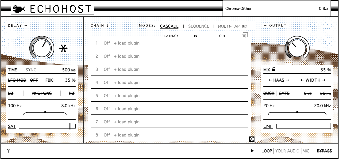 EchoHost plugin window: eight guest slots in the chain rack, Cascade mode